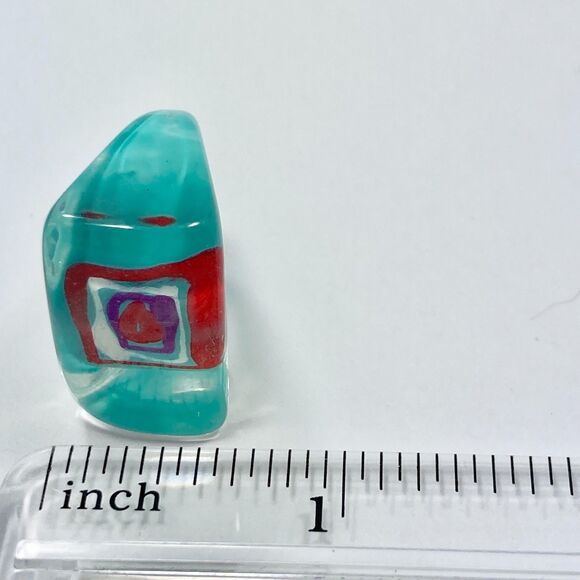 Vintage Acrylic Lucite Cocktail Ring Size 7 8 Aqua Red White Geometric Hand Made - Picture 8 of 9